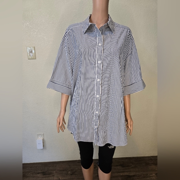 Zara Blue and White Striped Shirt Tunic Style Dress Oversized Size Small Medium - Picture 3 of 14